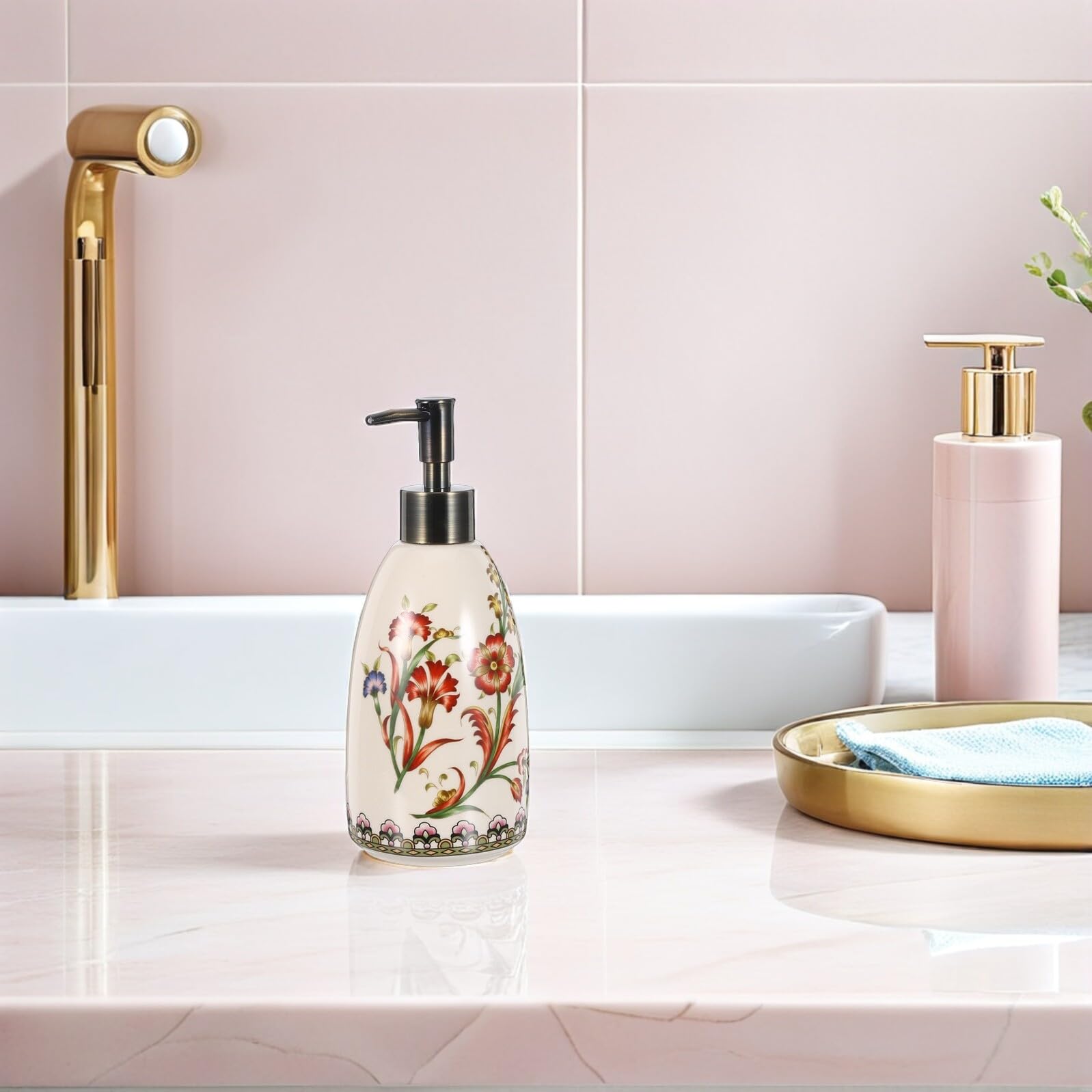 jojofuny Dispensador de Jabón de Cerámica 450 Ml, Recargable, Diseño Ergonómico para Cocina y Baño, Recipiente Decorativo para Encimera