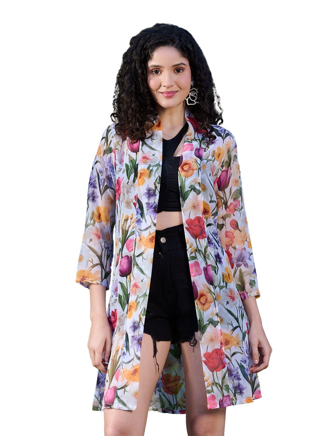 Multicolor Floral Print Women's Shrug- Georgette Roundneck Fashion Shrug, Regular Fit Full Sleeve Shrug, (11145)-image-4