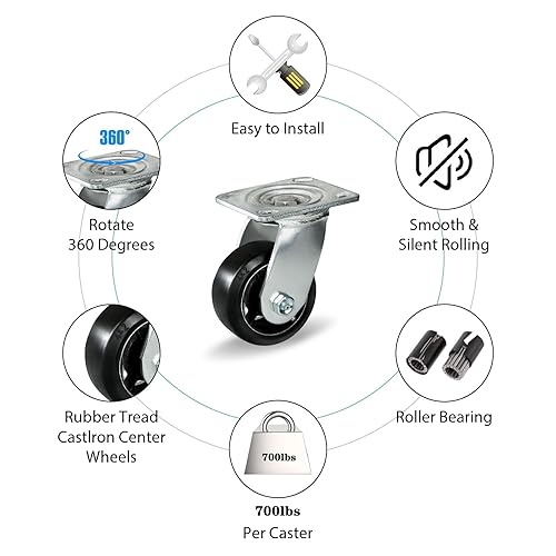 Miniatura 3 de Ruedas giratorias de 4 pulgadas, juego de 4 ruedas industriales, capacidad de carga de 2800 libras, ruedas resistentes para carrito de herramientas,