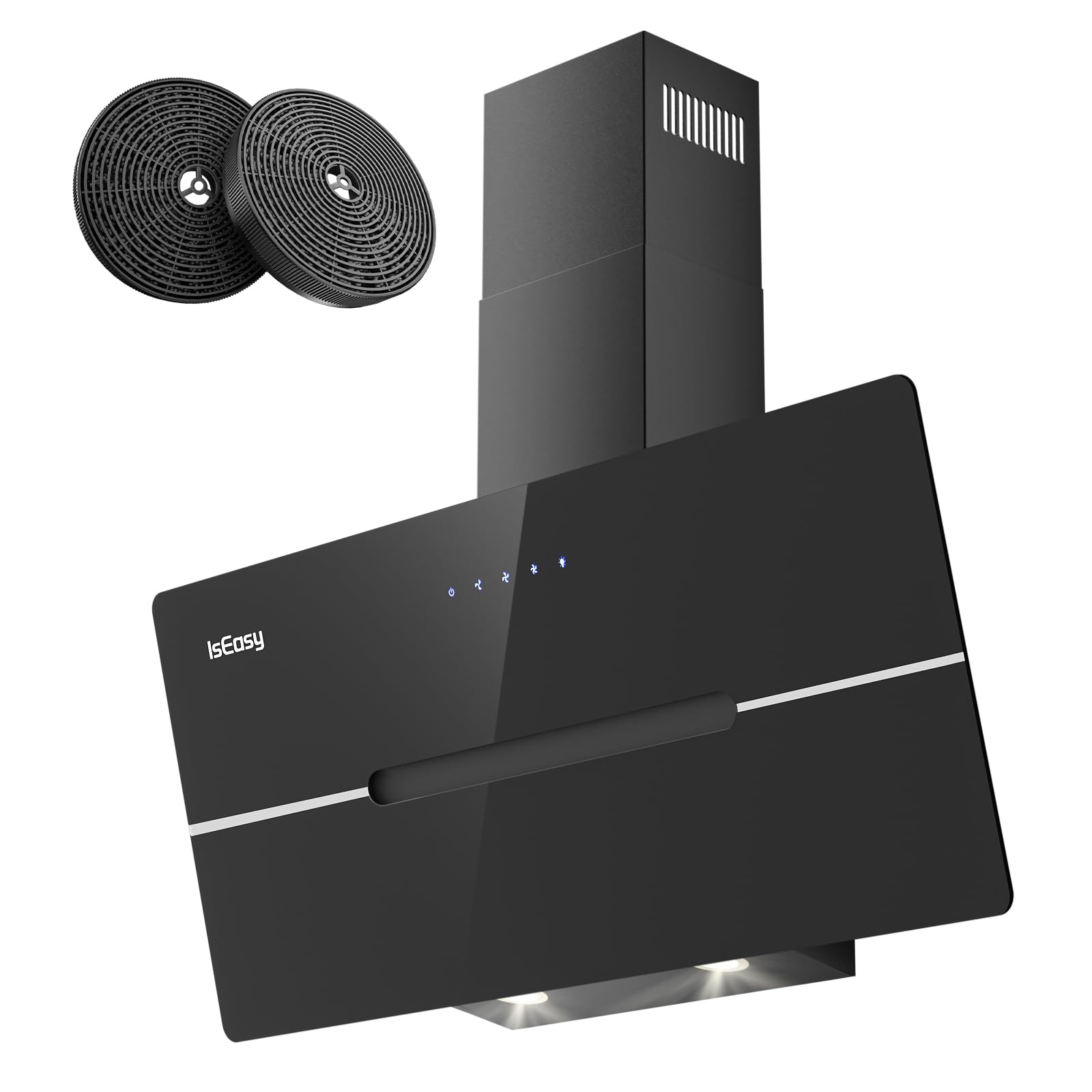 Cappa Cucina 90 cm, IsEasy Cappa Aspirante 90cm con 578 m³/h Forte Aspirazione, Touch Control, 3 Livelli di Regolazione, Ricircolo e Modalità di Scarico, Nero, 58 dB, Efficienza A++