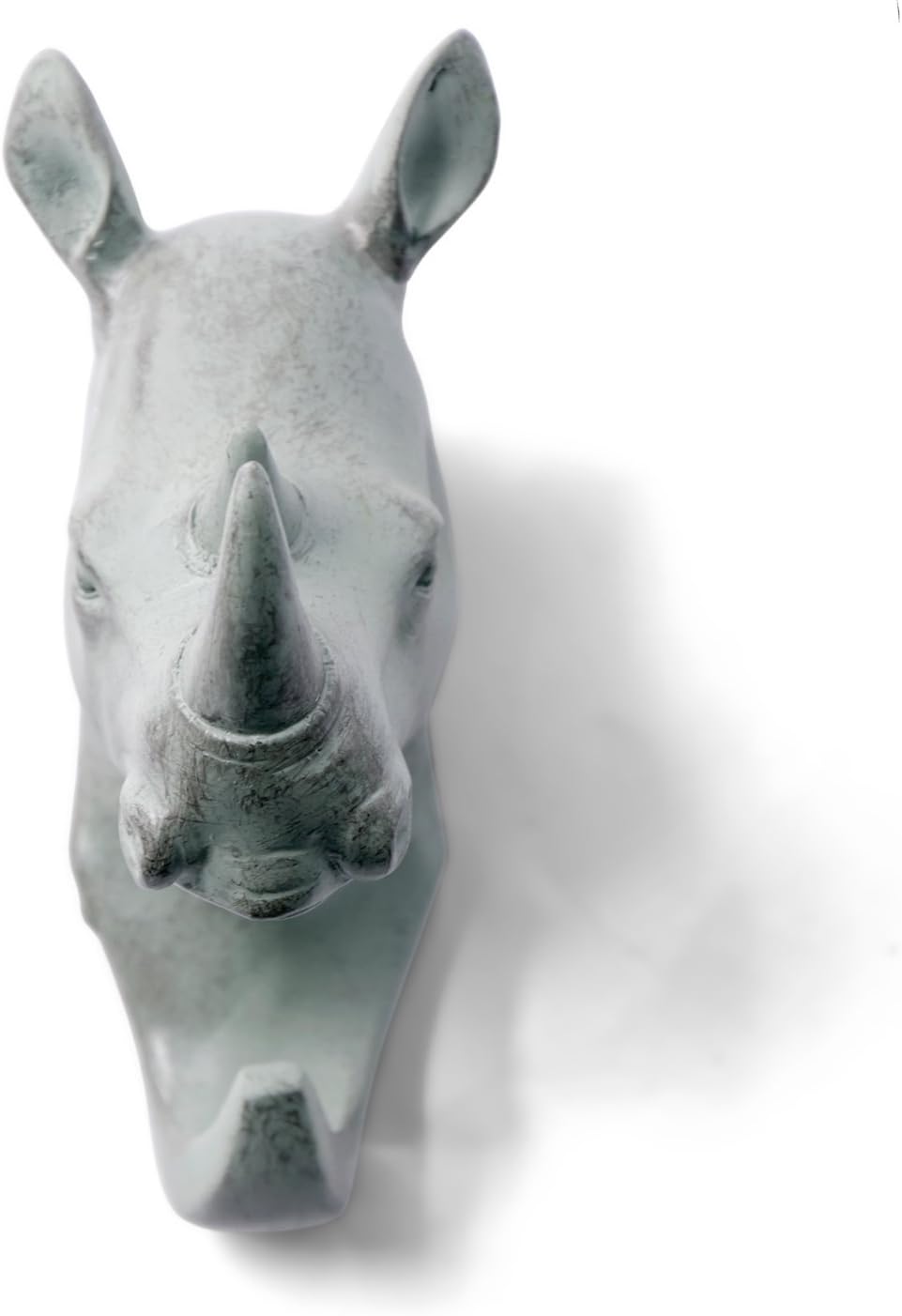HERNGEE Rhino Head Single Wall Hook/Hanger Animal Shaped Coat Hat Hook Heavy Duty, Rustic, Decorative Gift, Grey