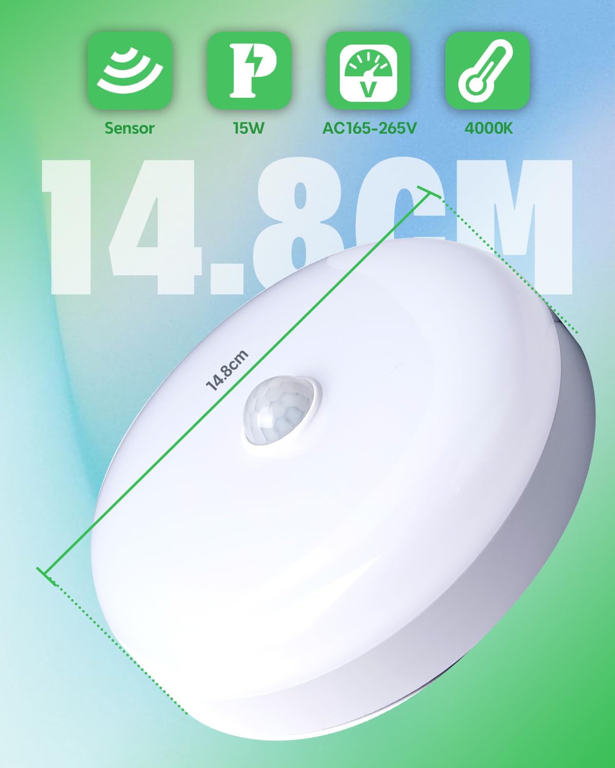 Plafonnier 15W LED avec Détecteur de Mouvemen, Lampe de plafond Rond avec Capteur Blanc Naturel 4000K,IP56 Étanche pour Escalier Intérieur Extérieur, Salle de Bain, Balcon,Garage, Couloir