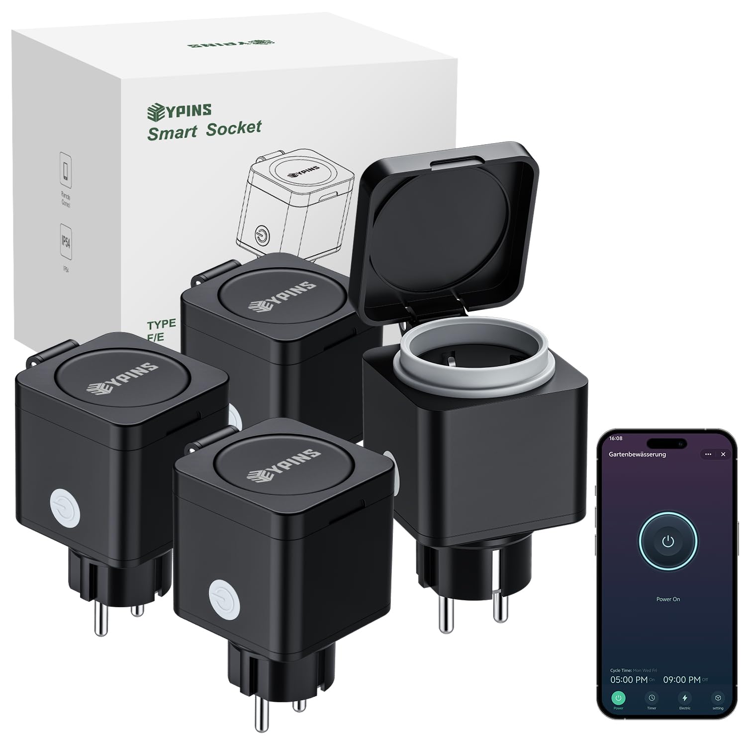EYPINS WLAN-Steckdose Outdoor IP54, Smart Außensteckdose 3680W/16A 4er-Pack