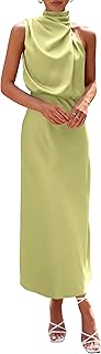 Women's 2025 Summer Satin Dress Elegant Sleeveless Mock Neck Cocktail Party Maxi Dresses - Buy now