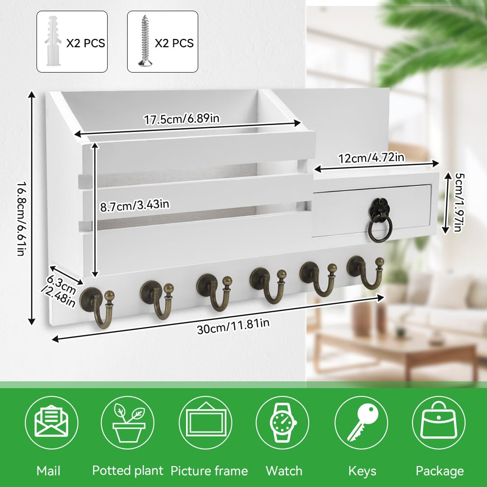LPAMABA Portachiavi da Parete in Legno, con 6 Ganci - Appendi Chiavi da Muro Design Moderno per Casa, Ufficio, Ingresso e Corridoio - Organizzatore Chiavi Parete, Oggetti Piccoli (Bianco)