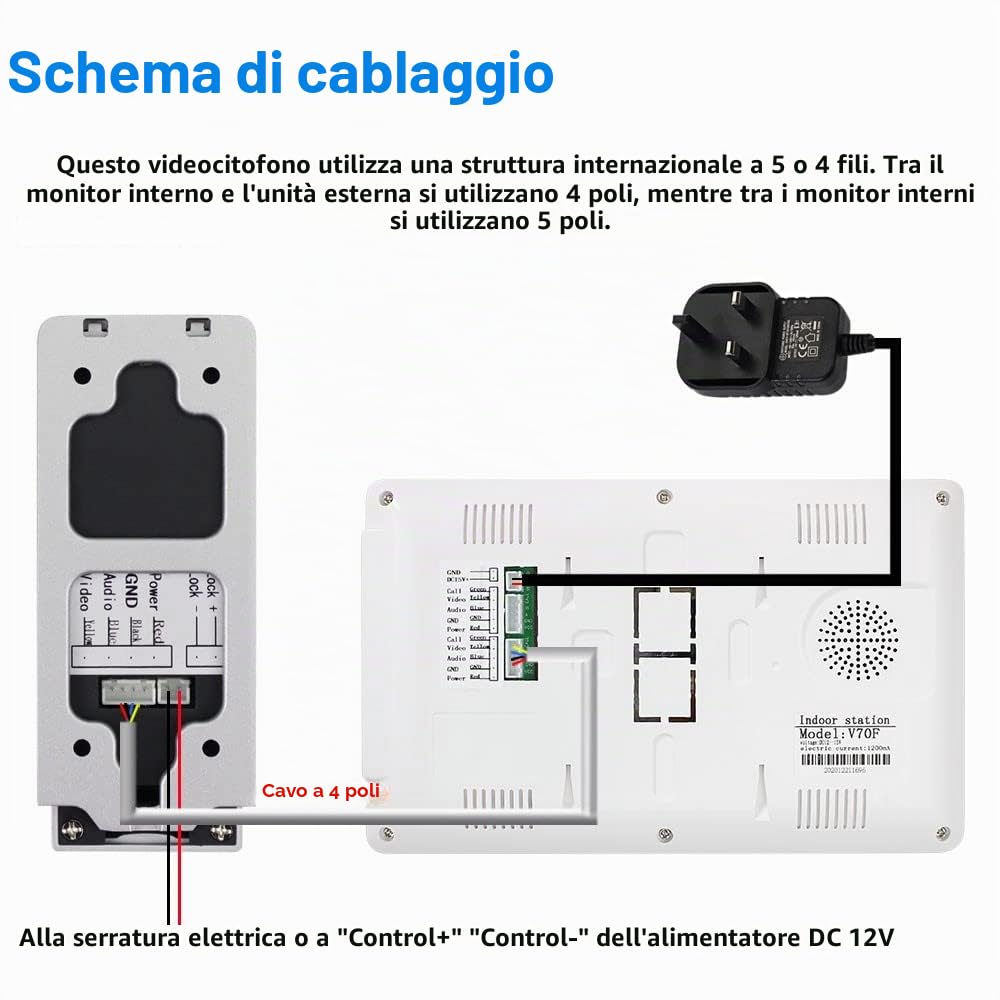 YiToo Videocitofono da 7 pollici Cablato Sistema di campanello per telefono del portello Un monitor per interni con una 700TVL fotocamera esterna, impermeabile a infrarossi visione notturna
