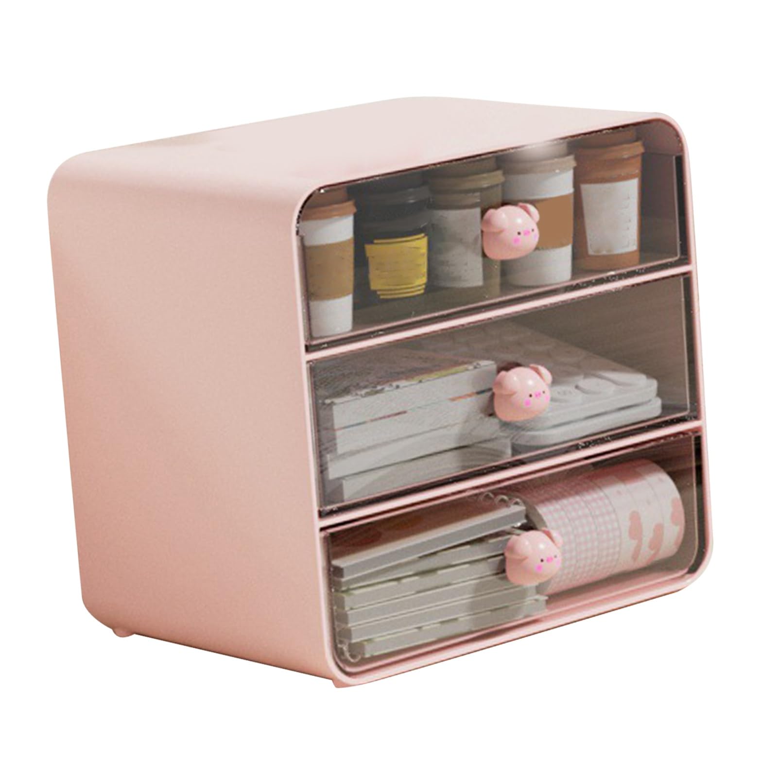 Sonew Organizer da Scrivania con 3 Cassetti, Organizer per Cosmetici in Plastica, Contenitore da Scrivania per Ufficio, Dormitorio, Scuola, Casa (Grande porcellino rosa)
