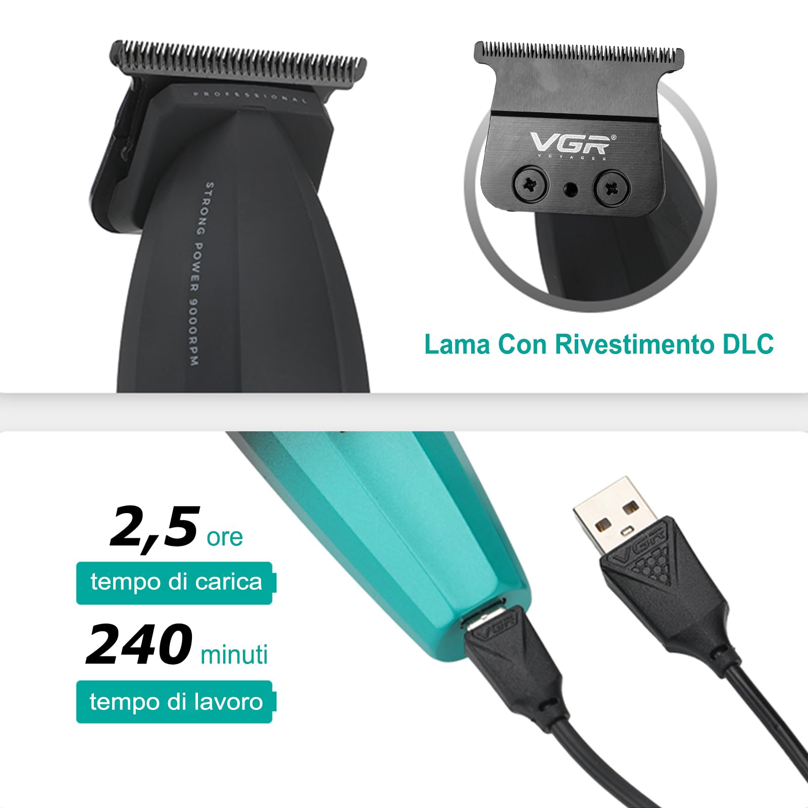 VGR 906 Fresh Fade - Tagliacapelli professionale, Zero Gapped, regolabarba per uomo 9000 giri/min, lama a T DLC senza fili per barbieri e ricaricabile tramite USB, verde