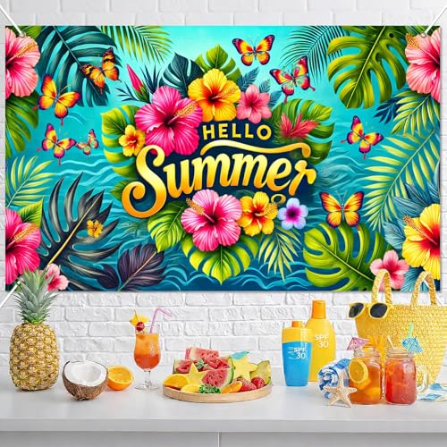 Image of HOMETITUTE Hello Summer Banner 71 x 43 inch Summer Hawaiian Party Decorations Flower Butterfly Summer Outdoor Decorations Supplies Backdrop Tropical Beach Hawaiian Party Themed Photo Booth Props