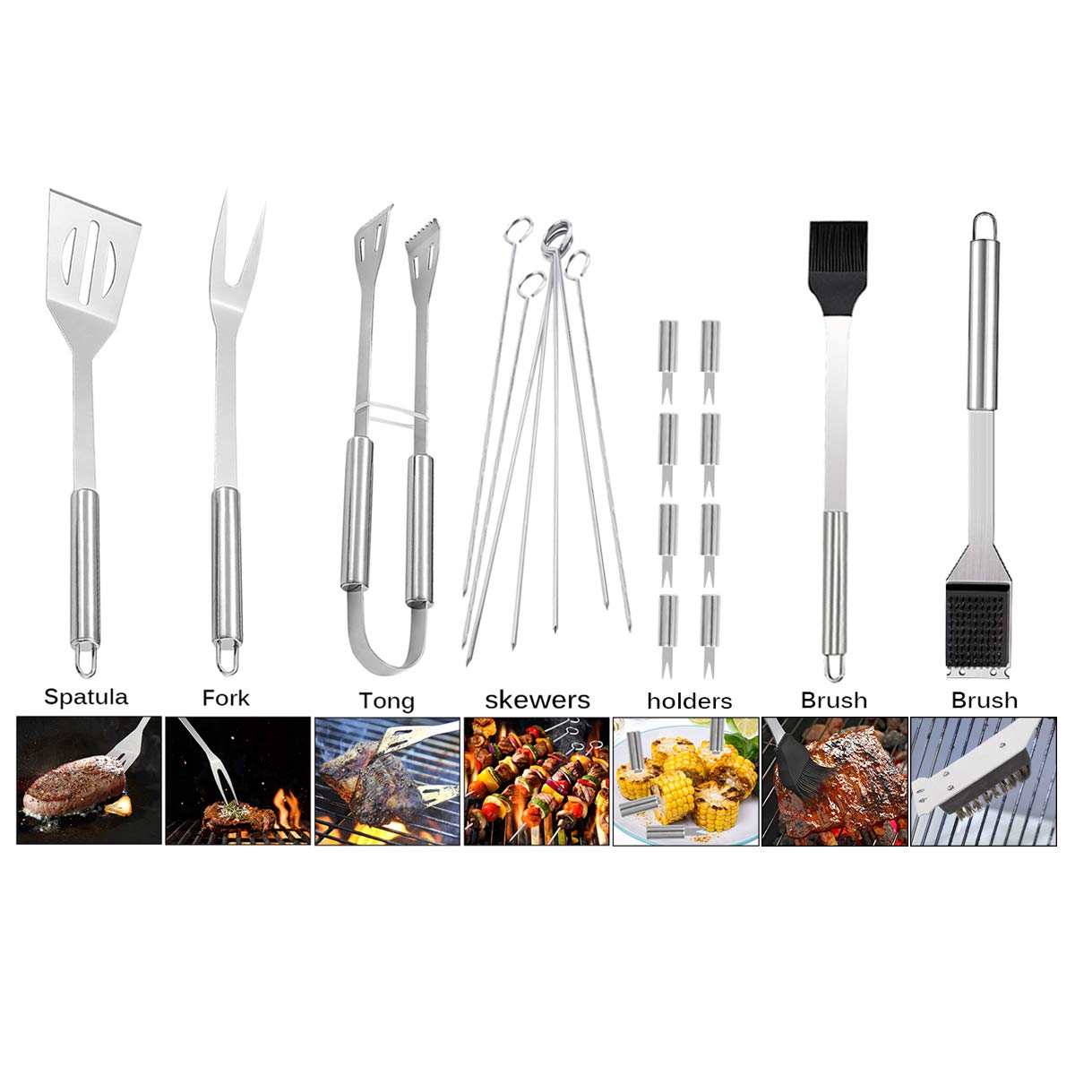 TOPCHANCES Lot de 20 ustensiles de barbecue en acier inoxydable de qualité supérieure pour le camping Idéal comme cadeau de Noël d'anniversaire pour papa