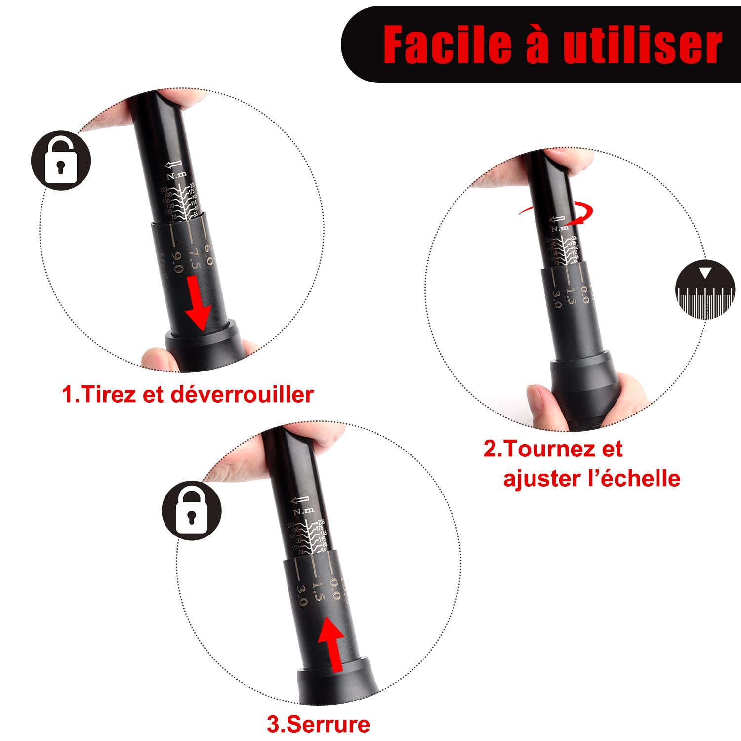 1/2" Clé Dynamométrique 25-220 Nm Précision ±4% | pour Autos,Camion,Motos vélos