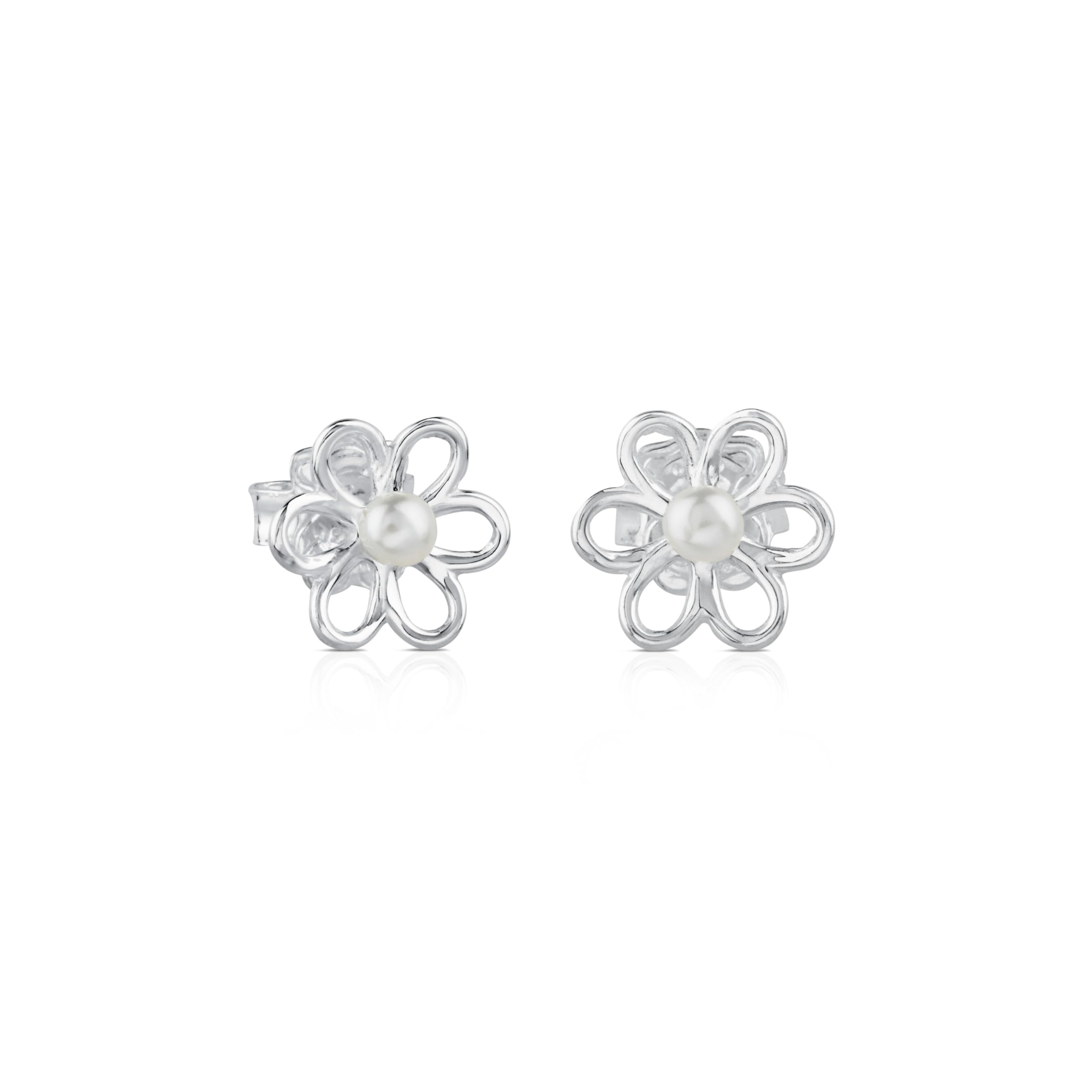 TOUS Pendientes de Plata de Primera Ley para Mujer con Motivo Flor de 1.1 cm y Perlas con Cierre de Presión, Elegante y Simple, Colección Maggie