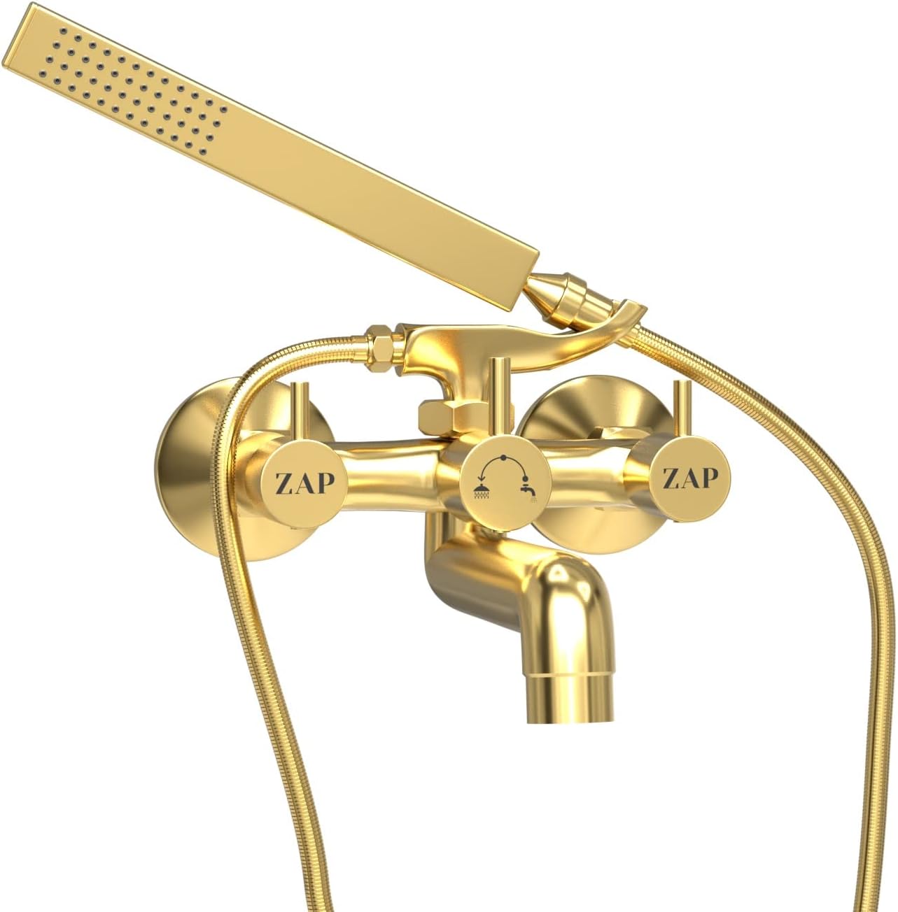 ZAP Elixir Gold Series 2 in 1 Wall Mixer Tap with Crutch & Hand Shower | Brass Bathroom Fitting | Premium Gold Finish | 1.5m Stainless Steel Hose Pipe Included | Wall Mounted Faucet