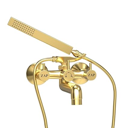ZAP Elixir Gold Series High Grade Brass 2 in 1 Wall Mixer with Crutch & Gold Hand Shower with 1.5 Meter Stainless Steel Hose Pipe