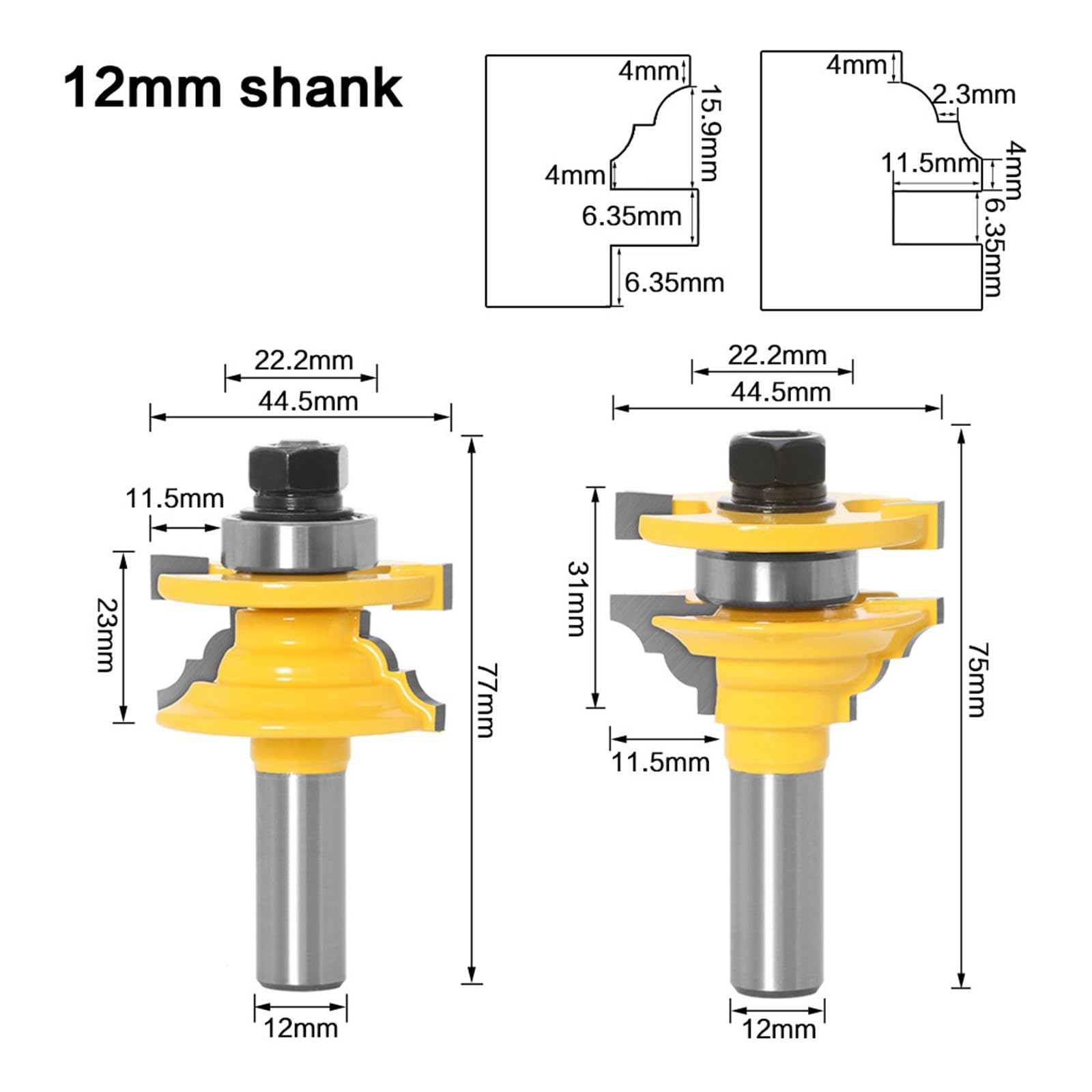 2 uds 12mm 1/2 "vástago puerta de carpintería riel de esquina redonda Stile Bit Fresa de espiga for herramientas de carpintería de madera(12MM Shank)