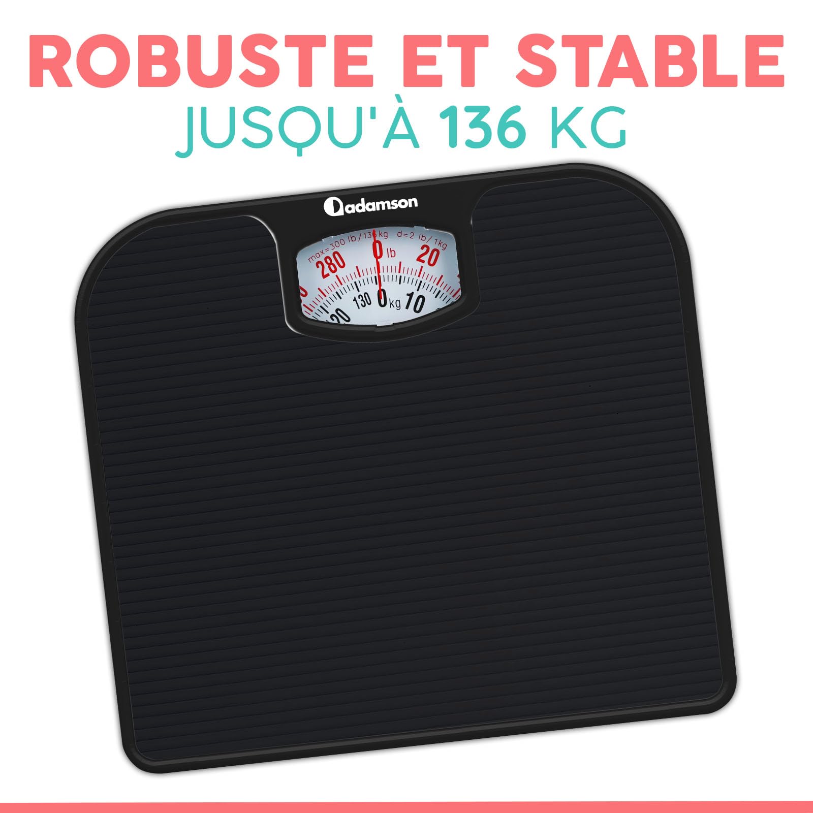 Adamson A21 Pese Personnes Mecanique Pour Poids Corporel- Jusqu’à 136 KG - Surface en Caoutchouc Antidérapant - Pese Personne Analogique - Durable 20 Ans de Protection - Noir Intégral