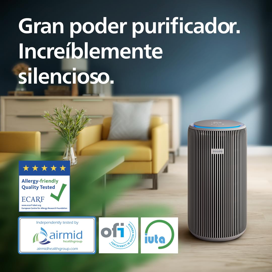 Philips PureProtect Serie 3200: Purificador de aire inteligente, HEPA y filtro de carbón activo, CADR 500 m³/h para 130 m², ultrasilencioso, captura el 99,97% de alérgenos, App conectada (AC3210/12)