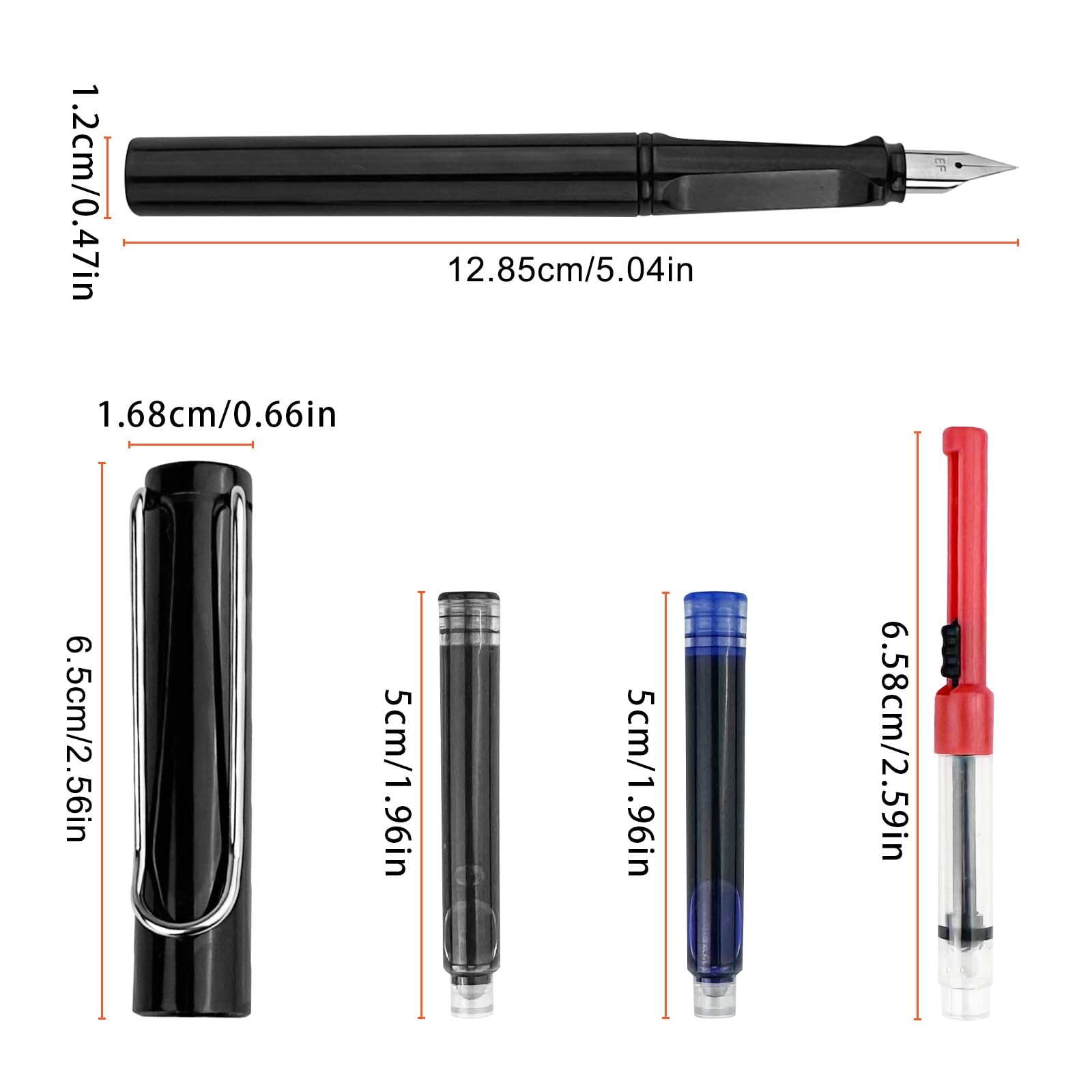 Penna Stilografica Pennino Fine Acciaio Lucido EF, 2 Cartucce Blu Nero, Scrittura Ufficio Destrimani