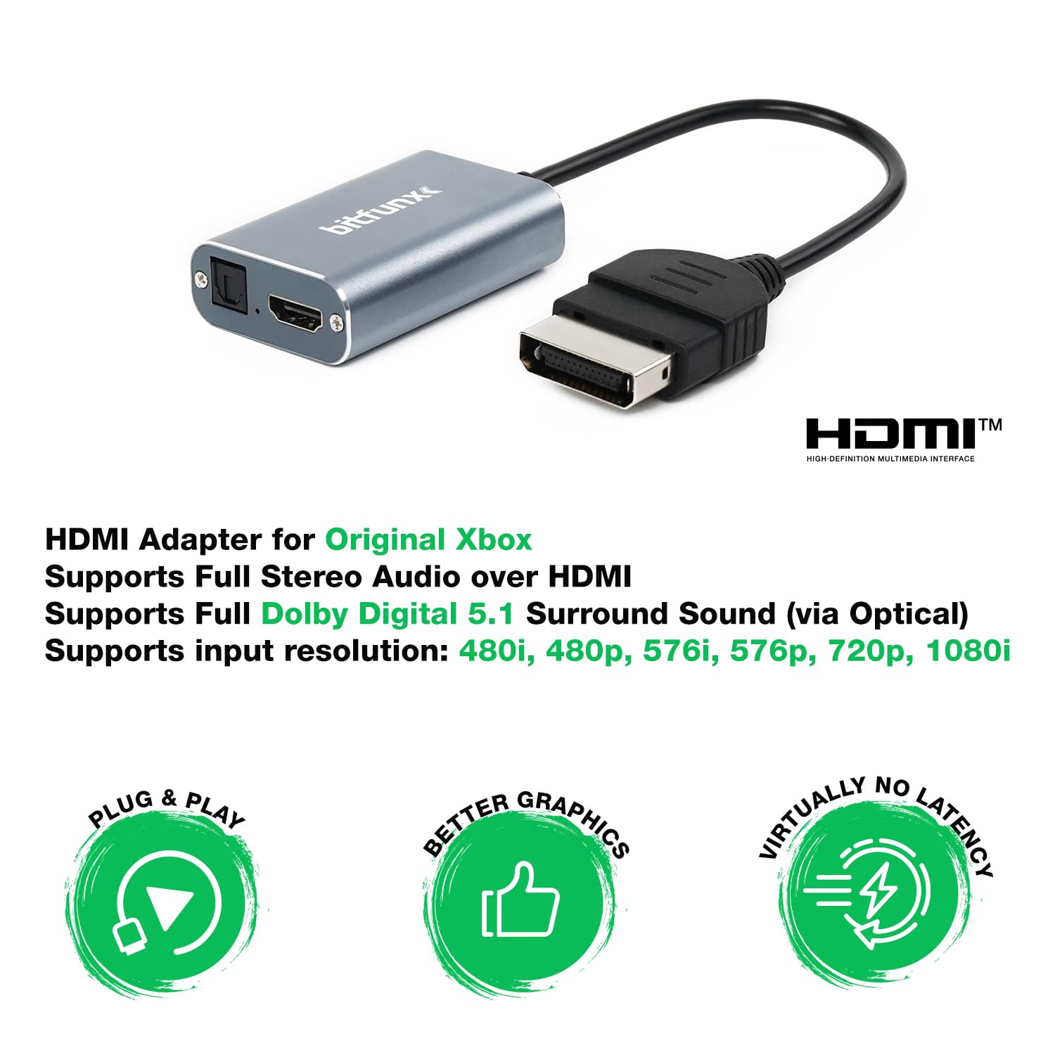 BITFUNX Adaptador HDMI para consola Xbox, convertidor HDMI para consola Xbox, compatible con cable HD que acepta sonido envolvente digital Dolby 5.1, adaptador de videojuegos Plug and Play sin