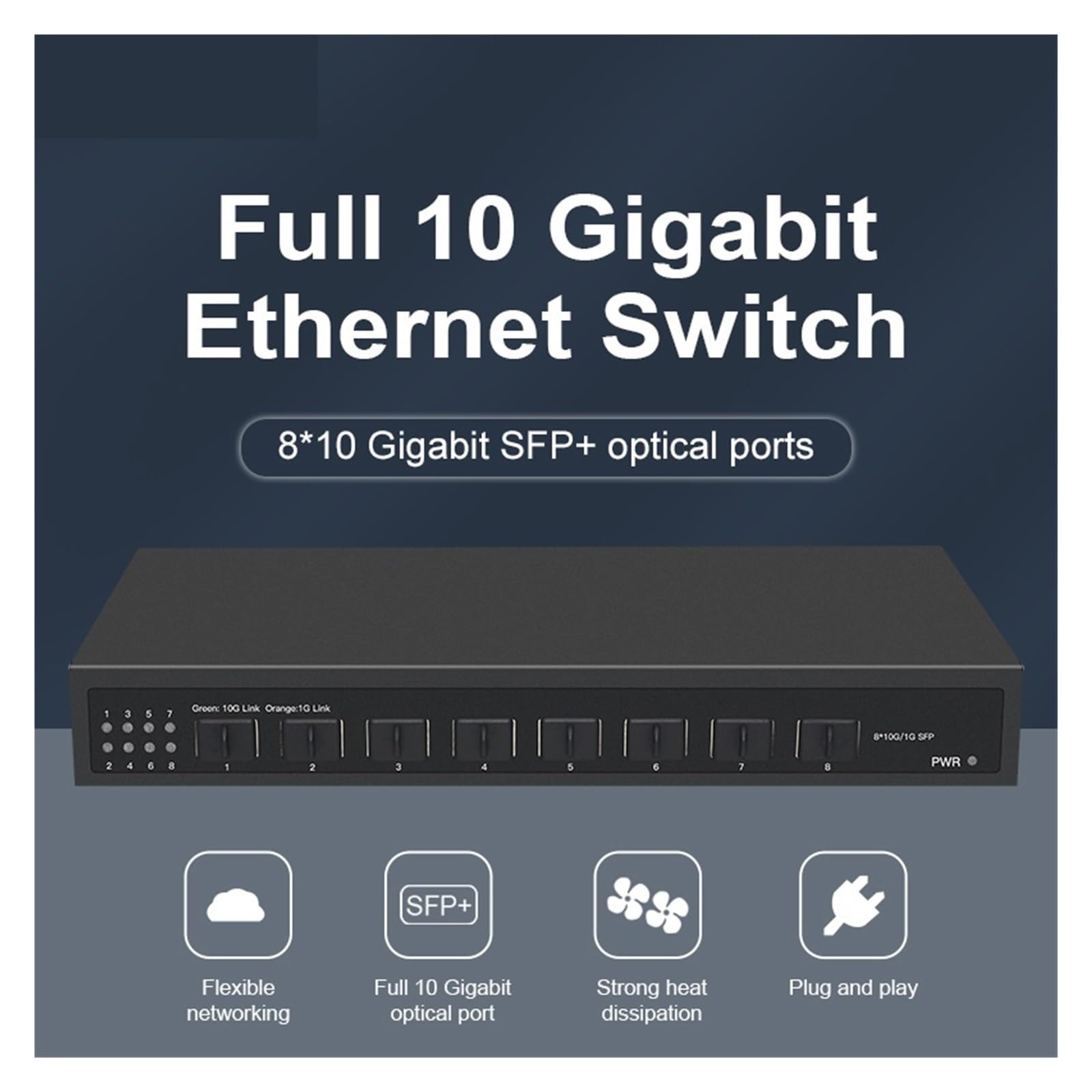 Switch di rete Ethernet desktop non stito a 8 porte 10G SFP+ completo