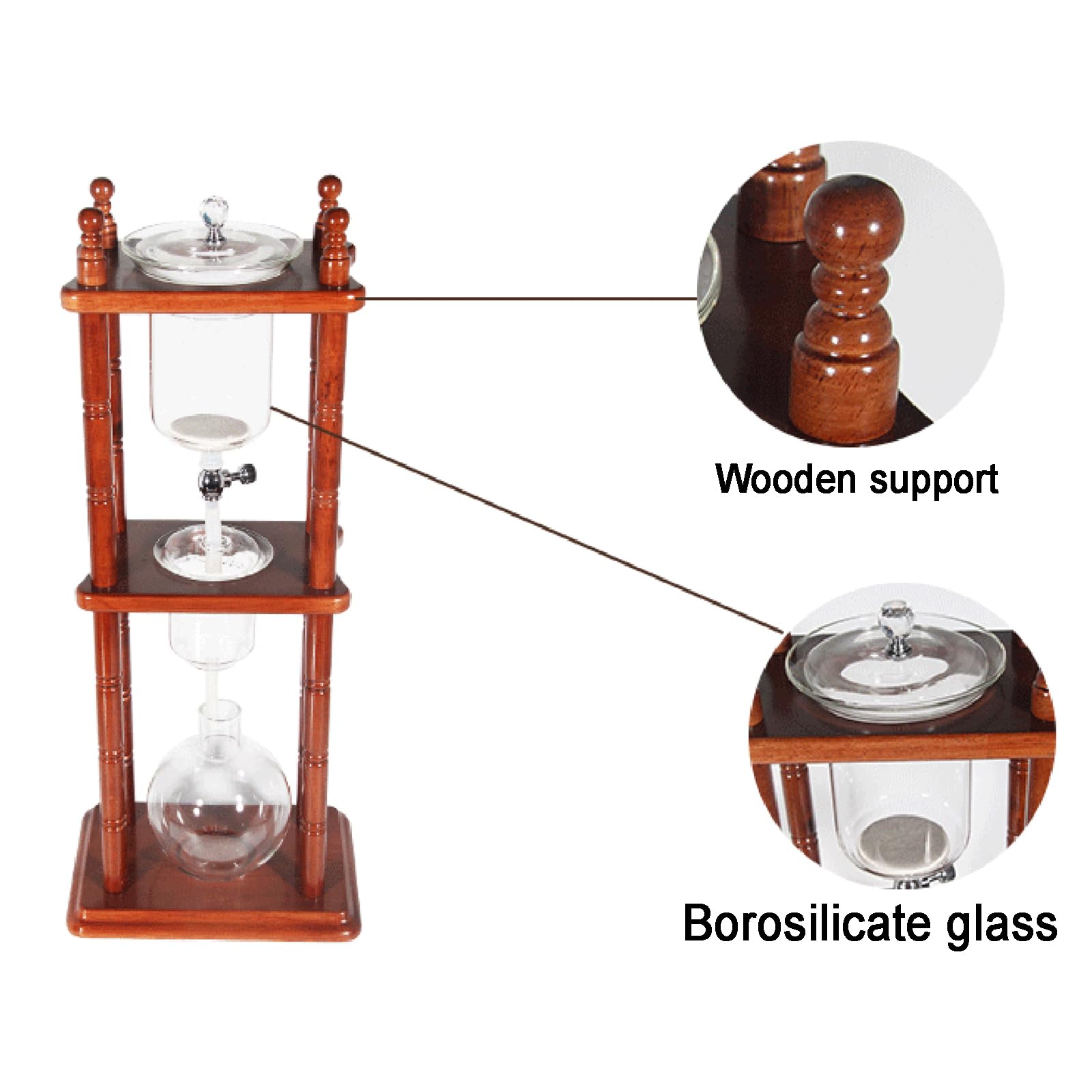 Cold Drip Coffee Maker for 5-8 Cups, Cold Brew Drip Tower, Iced Coffee Maker, with Dripper-Adjustable Water Flow, Glass Container and Vertical Wood Stand, Commercial Office Use