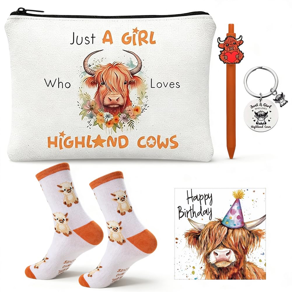 Cygmrfh Girls Orange 5Pcs Highland Cow Gift Set With Keychain & Birthday Card, Cattle Makeup Bag, Pen & Scottish Cows Funny Cotton Socks | Unique Birthday, Graduation Animal Gift For Women