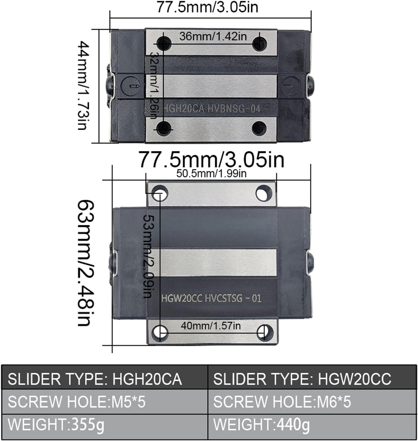 4PCS/Set Steel Slider Block HGH20CA HGW20CC for HGR20 Linear Guides Slides Bearing for Computerized Numerical Control Router(4PCS HGH20CA Steel)