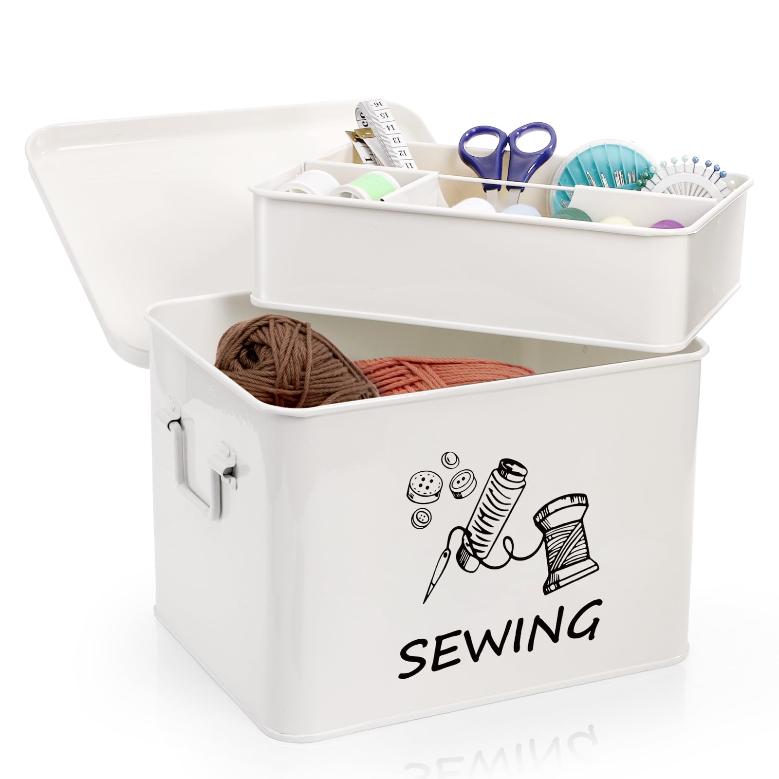 ZOOFOX Sewing Box with Removable Tray, Metal Sewing Box Organizer with Side Handles, Large White Farmhouse Sewing Basket for Sewing Supplies, Beads and Jewelry Making