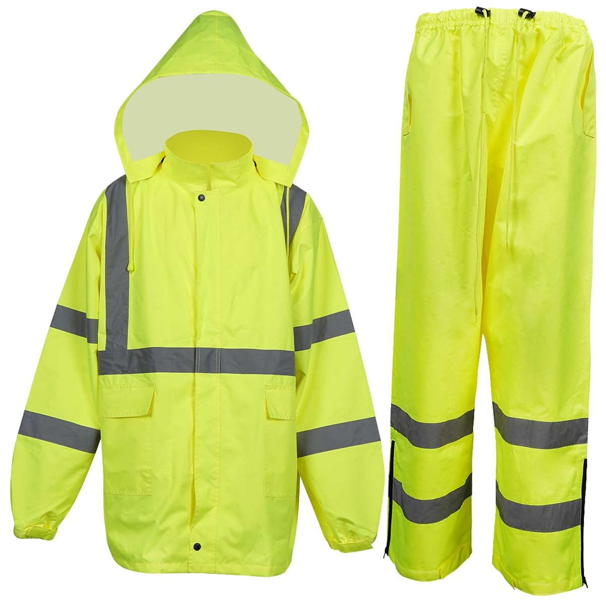 OrangeGear® High Visibility Hooded Class 3 Zipper & Button Lime Waterproof Rain Jacket & Pant Suit (US, Alpha, Medium, Regular, Regular, Lime)