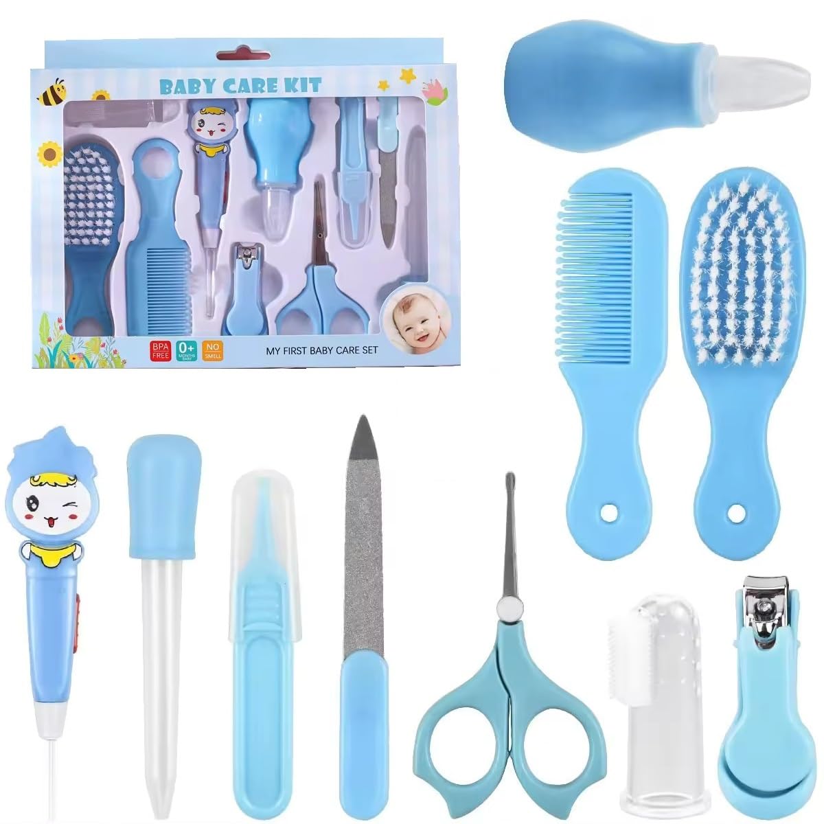 ERHETUS Premium Manicure Grooming Kit for New Born Kids | 10 in 1 Set of Hair, Nail, Ear Grooming Tools | Healthcare Accessories to Keep Infants & Toddlers Clean | Perfect Baby Shower Gift (Blue)
