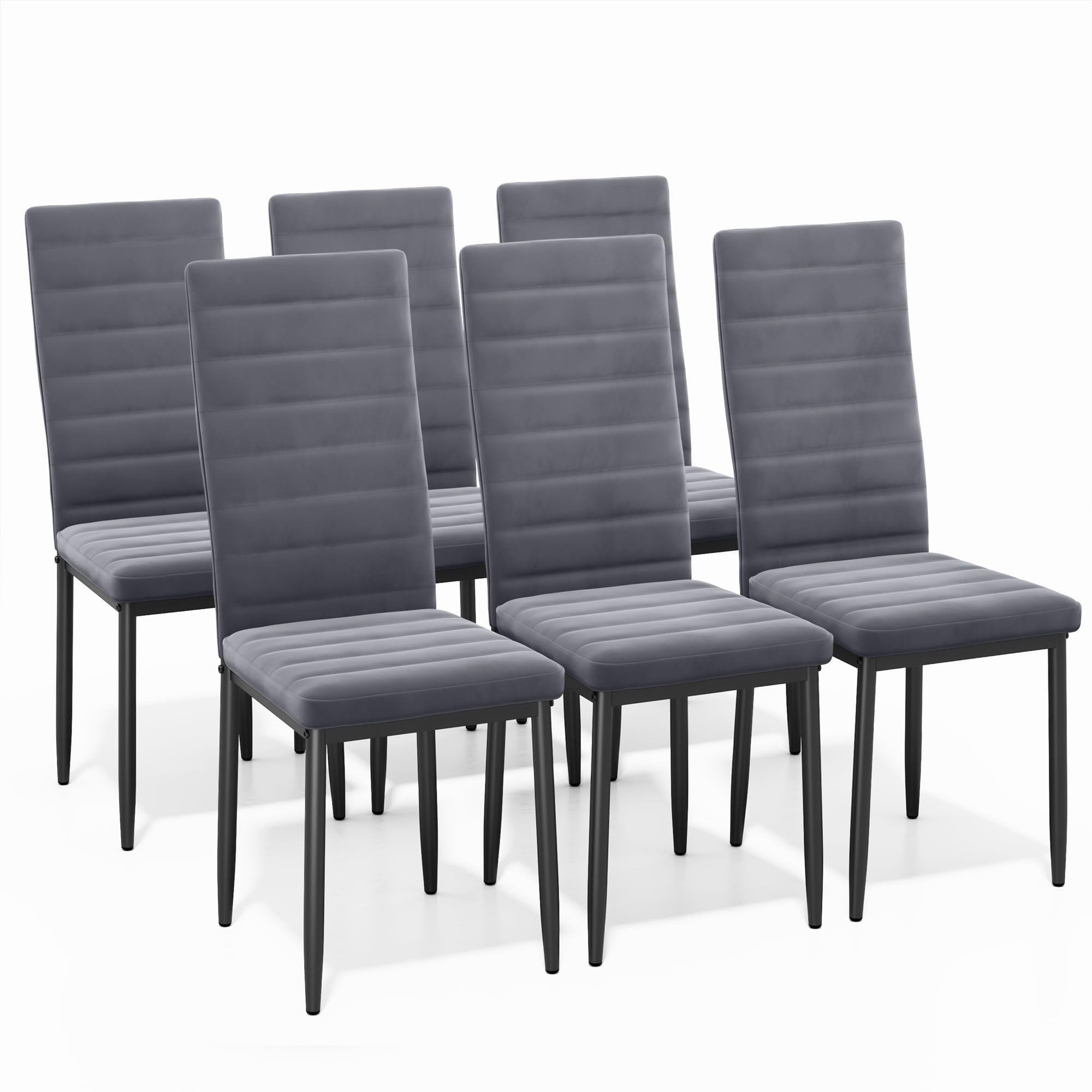 Set of six dark grey velvet dining chairs with high backrests.