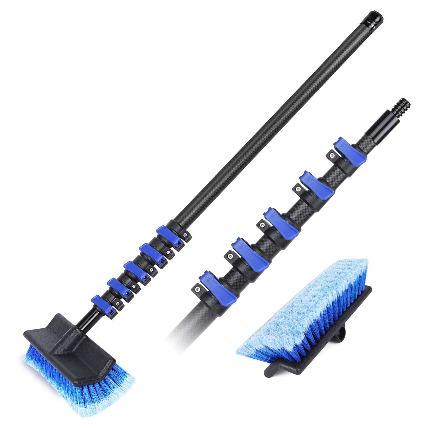 DOBEN 4.7-24FT Carbon Fiber Telescopic Extension Pole with Car Wash Brush Head, Bi-Level Soft Scrub Brush with Long Handle for RVs, Cars, Trucks, House Siding, Deck, Floors