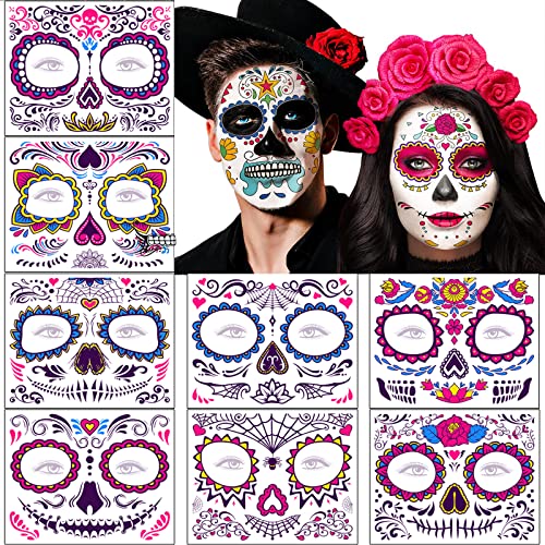 8 folhas Halloween tatuagens temporárias de rosto, Halloween fluorescência máscara dia dos mortos esqueleto crânio rosto completo tatuagens de maquilhagem para mulheres homens adultos meninos cosplay