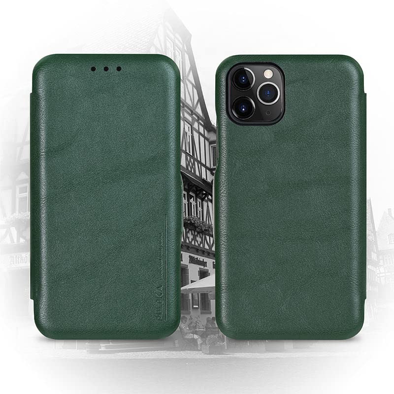 Image of PULOKA for iPhone 13 Pro Max - Sleek Flip Case - Premium Vegan Leather Phone Cover with Card Slot - Slim, Durable, Privacy Protection - Kickstand Function - Elegant Flip Wallet Cases for Apple - GREEN
