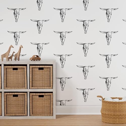 Vista 7 de Papel tapiz autoadhesivo de 12 x 2 pies, diseño de calavera de vaca, negro, blanco, vaquero occidental, rústico, extraíble, por Spoonflower