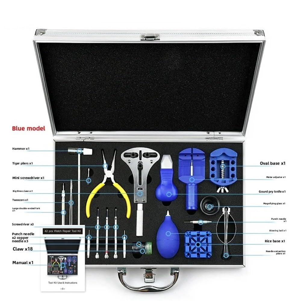 Professionelles Komplettset für Uhrenreparaturen – Aluminiumlegierungsbox für mechanische und Quarzuhren (gelb)