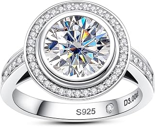 Moissanite Engagement Rings, 3.5CTTW Bezel Setting Round Lab Created Diamond Promise Rings in 14K White Gold Plated Sterling Silver, Anniversary Rings for Women