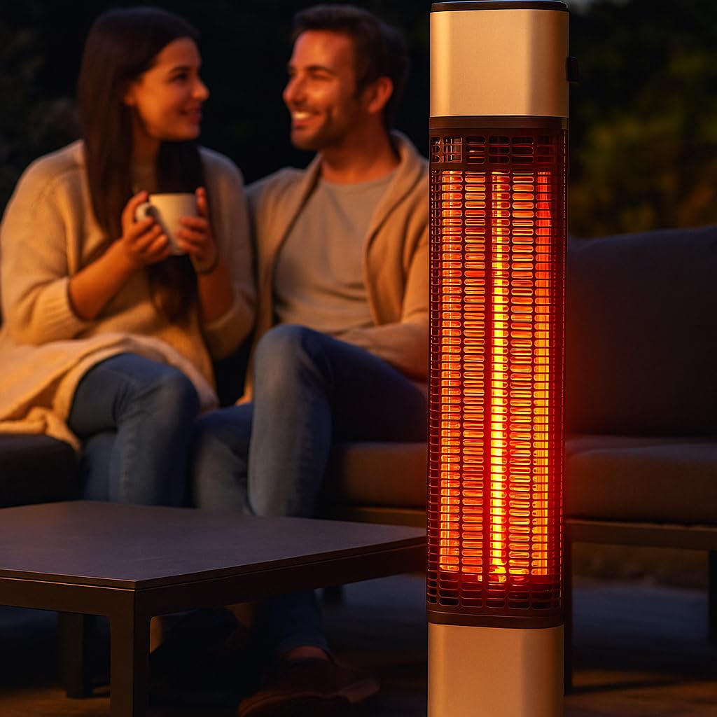 HOME It® Heizstrahler Infrarot | 1200W Infrarotstrahler Terrasse, Kompakter Terrassenheizer Elektrisch mit Carbon-Heizröhre, Spritzwassergeschützt (IP55) | Mini Standheizstrahler, Schwarz Edelstahl