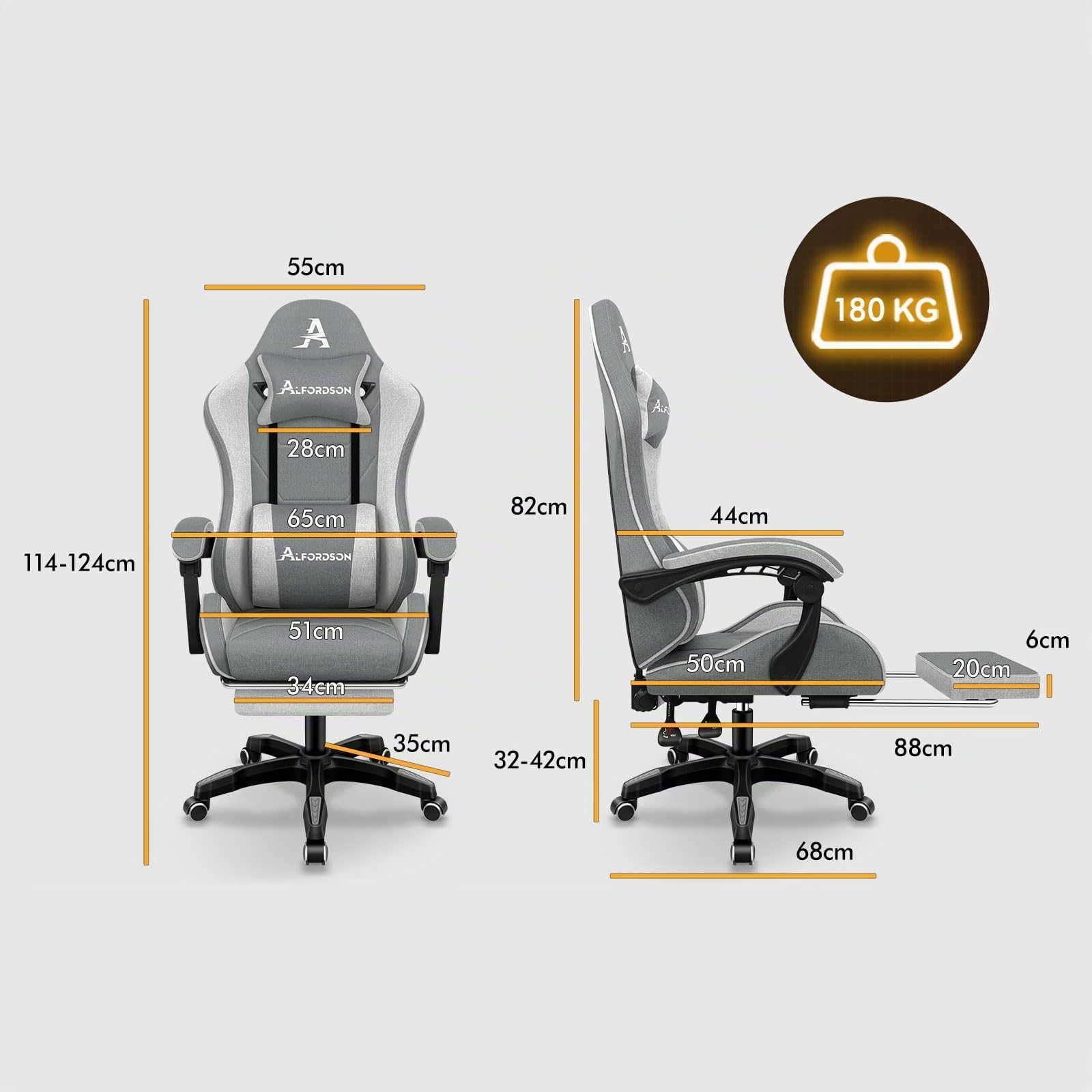 ALFORDSON Chaise de Bureau, Fauteuil de Jeu, massante, Ergonomique avec Repose-Pieds, Coussin Lombaire massant, rembourrée, pivotante en Tissu Lin,Gris Clair