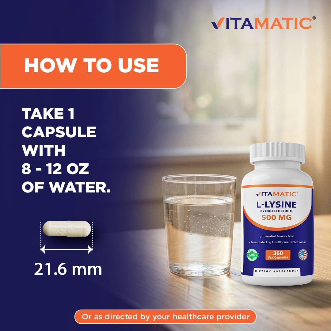 Vitamatic L-Lysine 500 mg, 360 Vegetarian Capsules – Essential Amino Acid Supplement, Non-GMO, Gluten Free, Made in USA — Amazon image 6