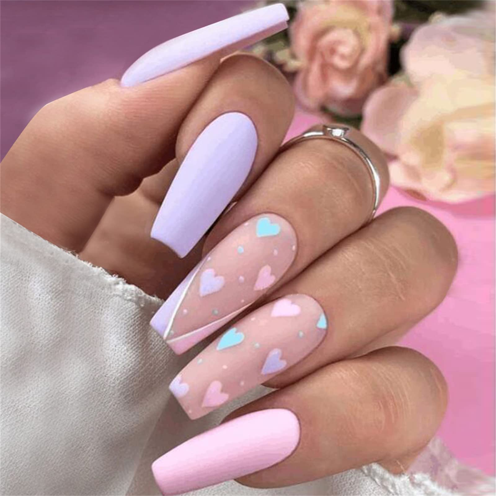 Unghie Finte Lunghe Copertura Completa con Colla Cuore Rosa Blu Staccabile Pressa Francese sulle Unghie 24 Pezzi Suggerimenti per Nail Art per Unghie per Saloni di Bellezza e Donne Nail Art Fai-da-t