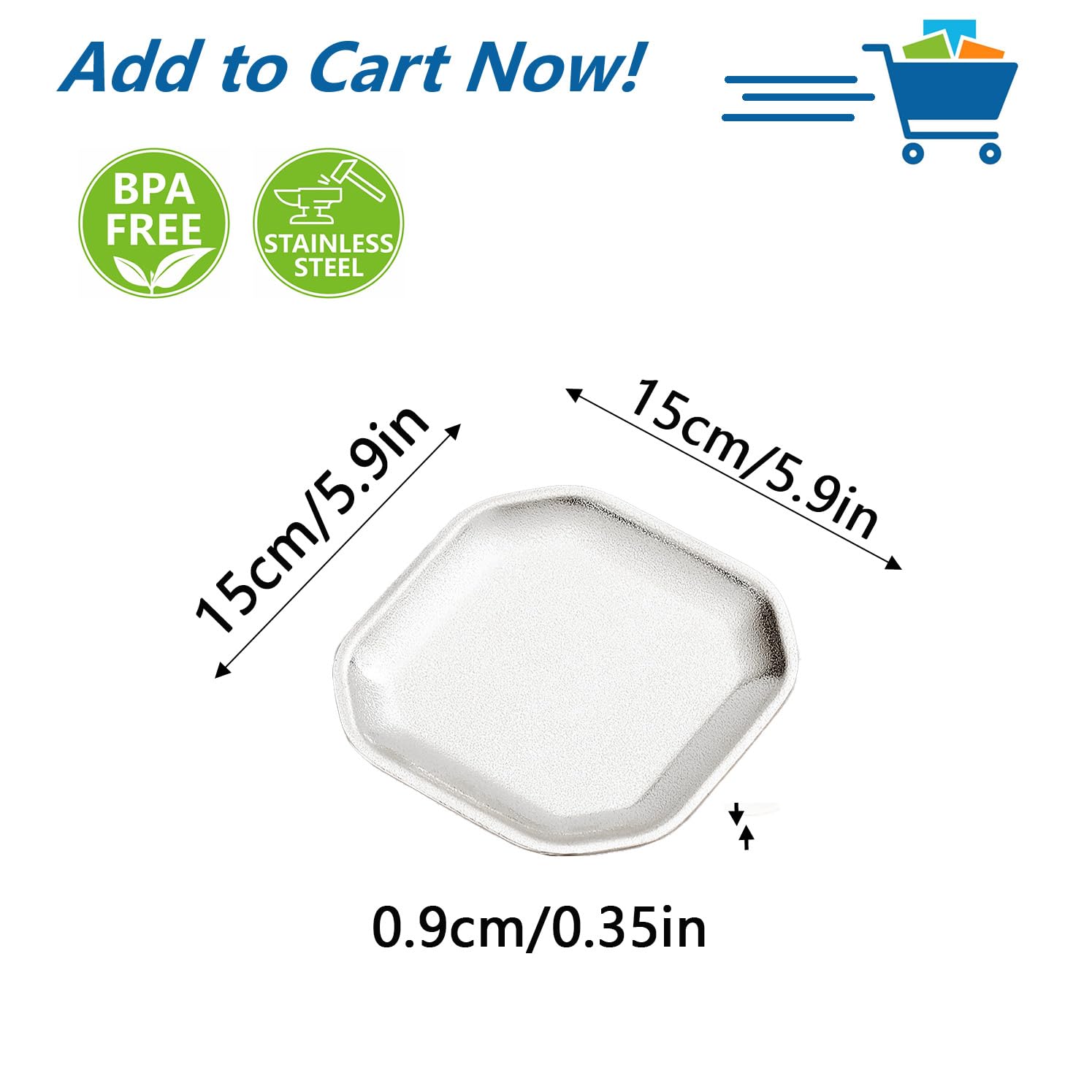 SANQIAHOME 15x15 cm quadrati Piattini da antipasto, in acciaio inox Piccoli piatti,Set di 4, argento,Dessert Piatti per Sushi, Frutta forno/Lavabile in lavastoviglie