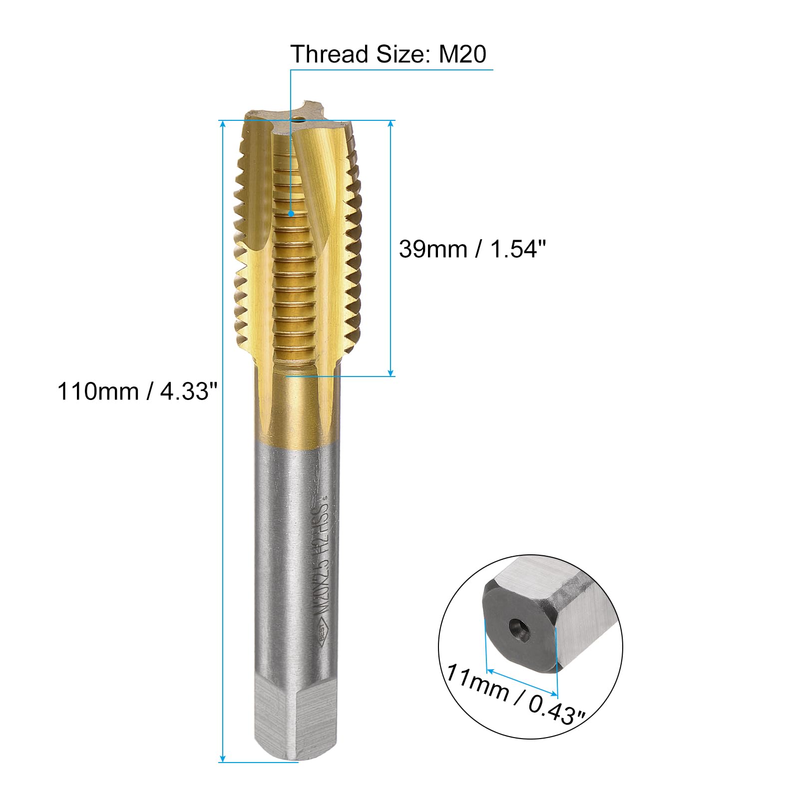 QUARKZMAN Maschio Filettatura Spina Spirale M20 x 2.5 Filetti Rettificati H2 4 Scanalature Acciaio Alta Velocità Hss 6542, Rivestimento Titanio Punte Filettatura Metrica Riparazione Filetti