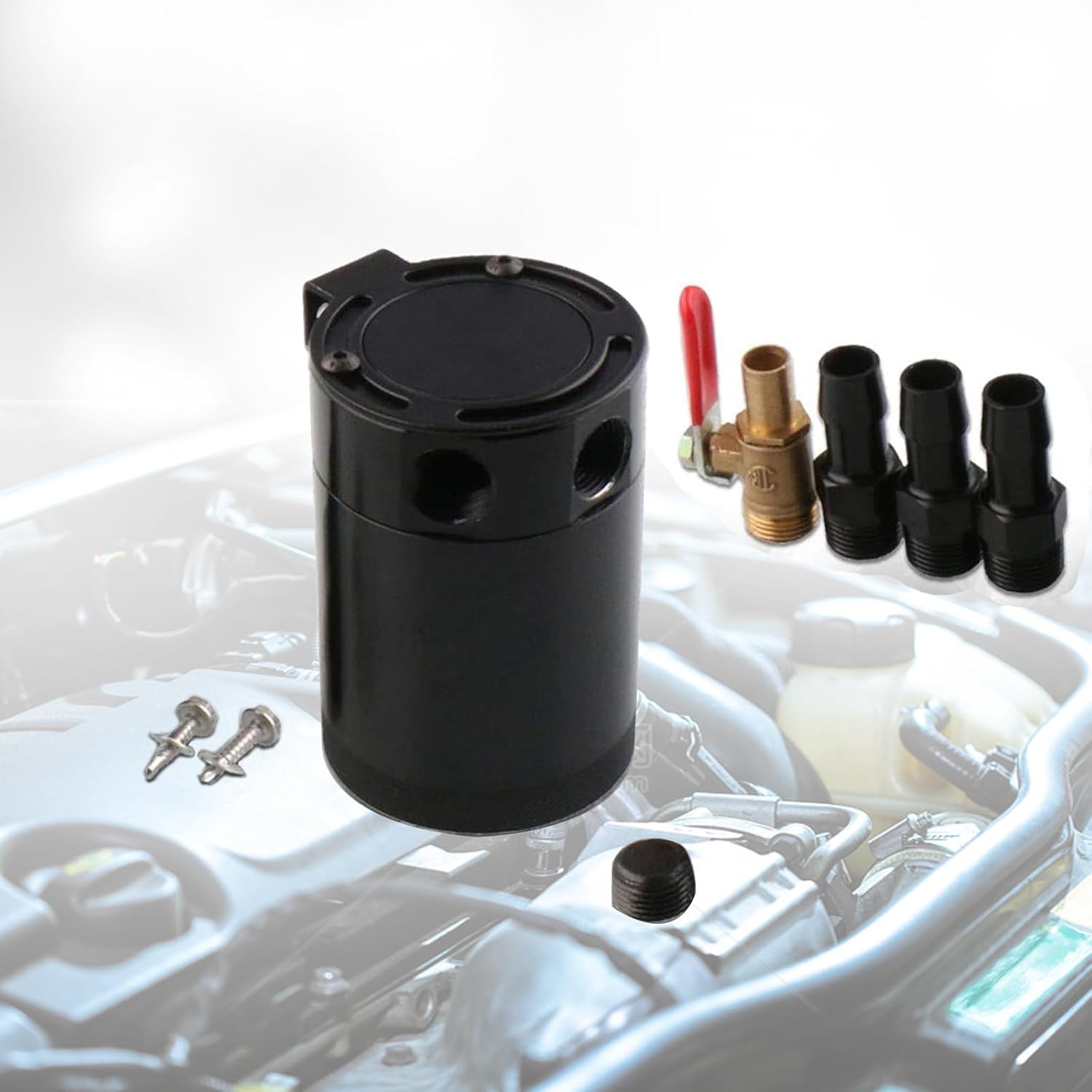 Unifizz Compact Black Baffled 3-Port Oil Catch Can+ 0.41'' 10.3mm Oil Drain Cock Valve, 2 Inlets 1 Outlet