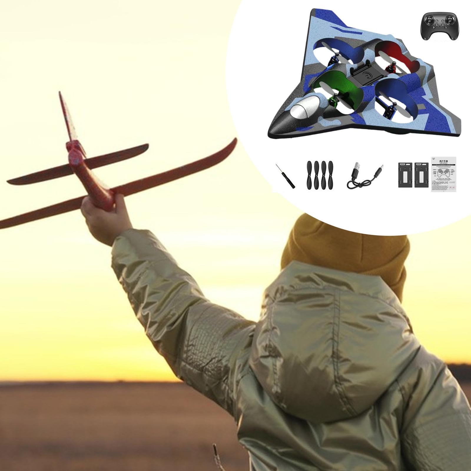Qianly Avión Teledirigido Acrobático Avión RC de Fija con Luces de Cuatro Motores Recargable y Planeador de Espuma EVA Adecuado para, Batería Doble Azul