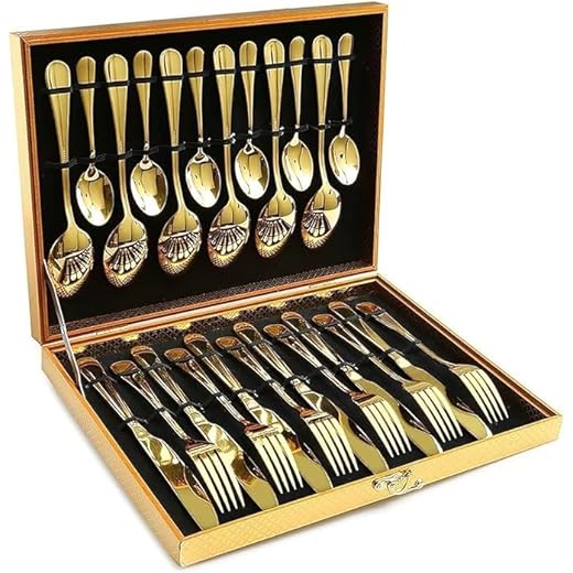 Conjunto de Talheres Faqueiro Luxuosos Aço Inoxidável Kit com 24 Peças e Maleta Exclusiva - Kit Prático e Elegante para Organizar sua Cozinha (Dourado)