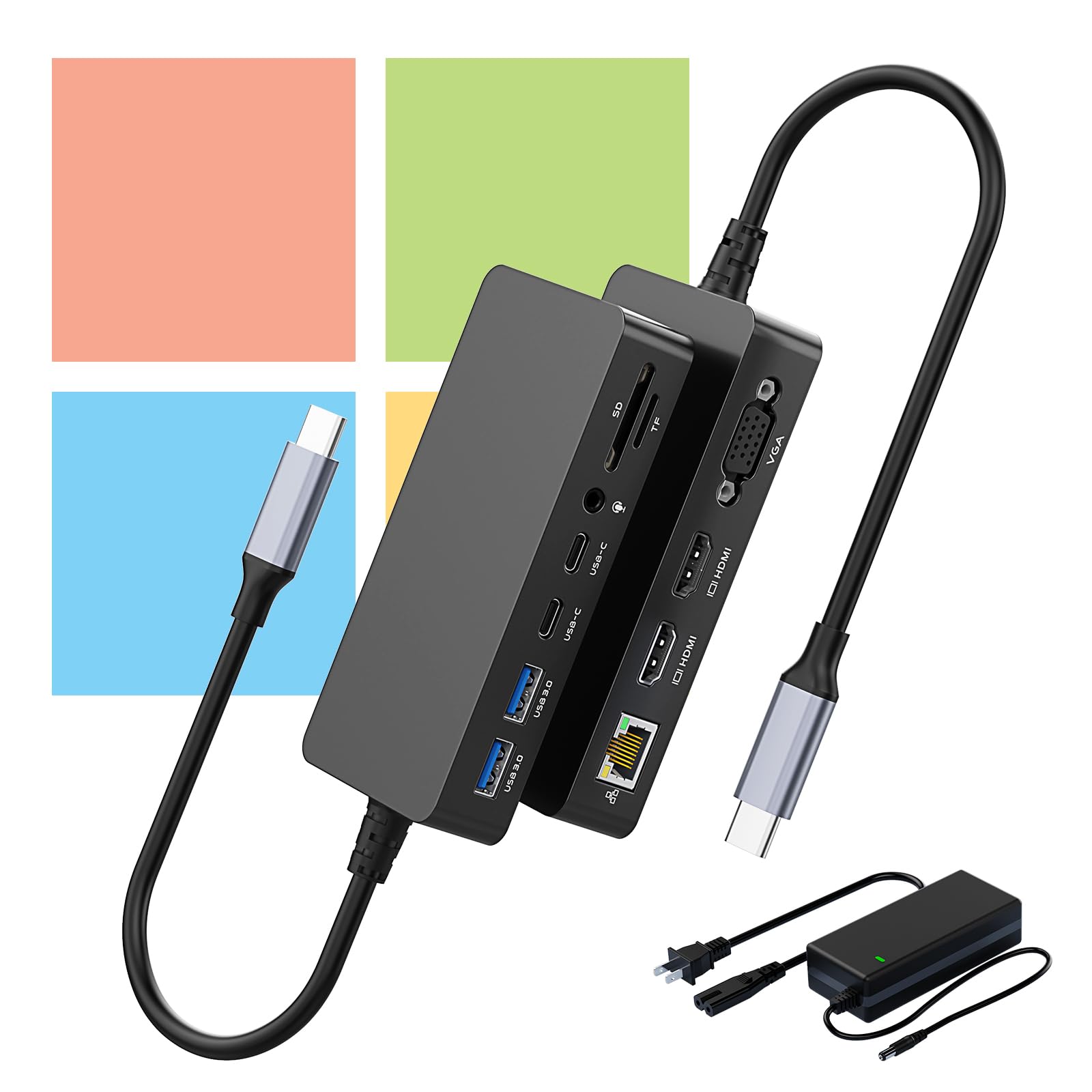 USB C MS Surface Docking Station Triple Display 2 HDMI+VGA - 12 in 1 MS Surface Dock Alimentatore per Surface Pro 11/10/9/8/X/7, Surface Laptop 7/6/5/4/3, Surface Laptop Go 3/2, Laptop Studio