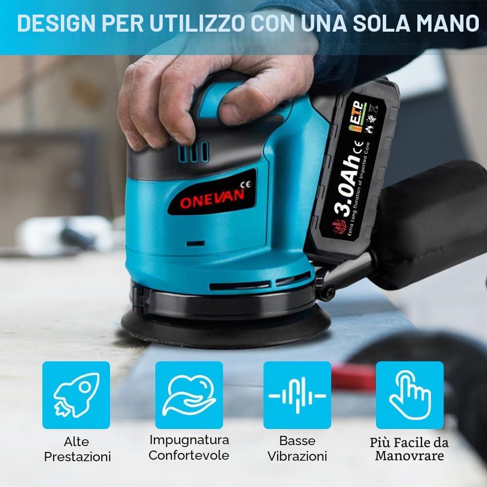ONEVAN Levigatrice Rotoorbitale a Batteria 125mm, Levigatrice Eccentrica 12000 Giri/min, con Sacchetto per la Polvere e 2 Batterie da 3.0Ah, Smerigliatrice Elettrica per Legno e Metallo