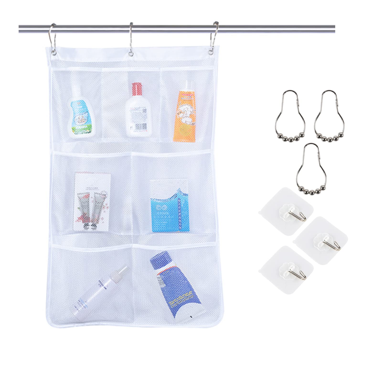 Mesh Bath Shower Caddy 7 Pockets Hanging Shower Organizer Quick Dry Bathroom Cosmeic Storage Holder Bag with Self