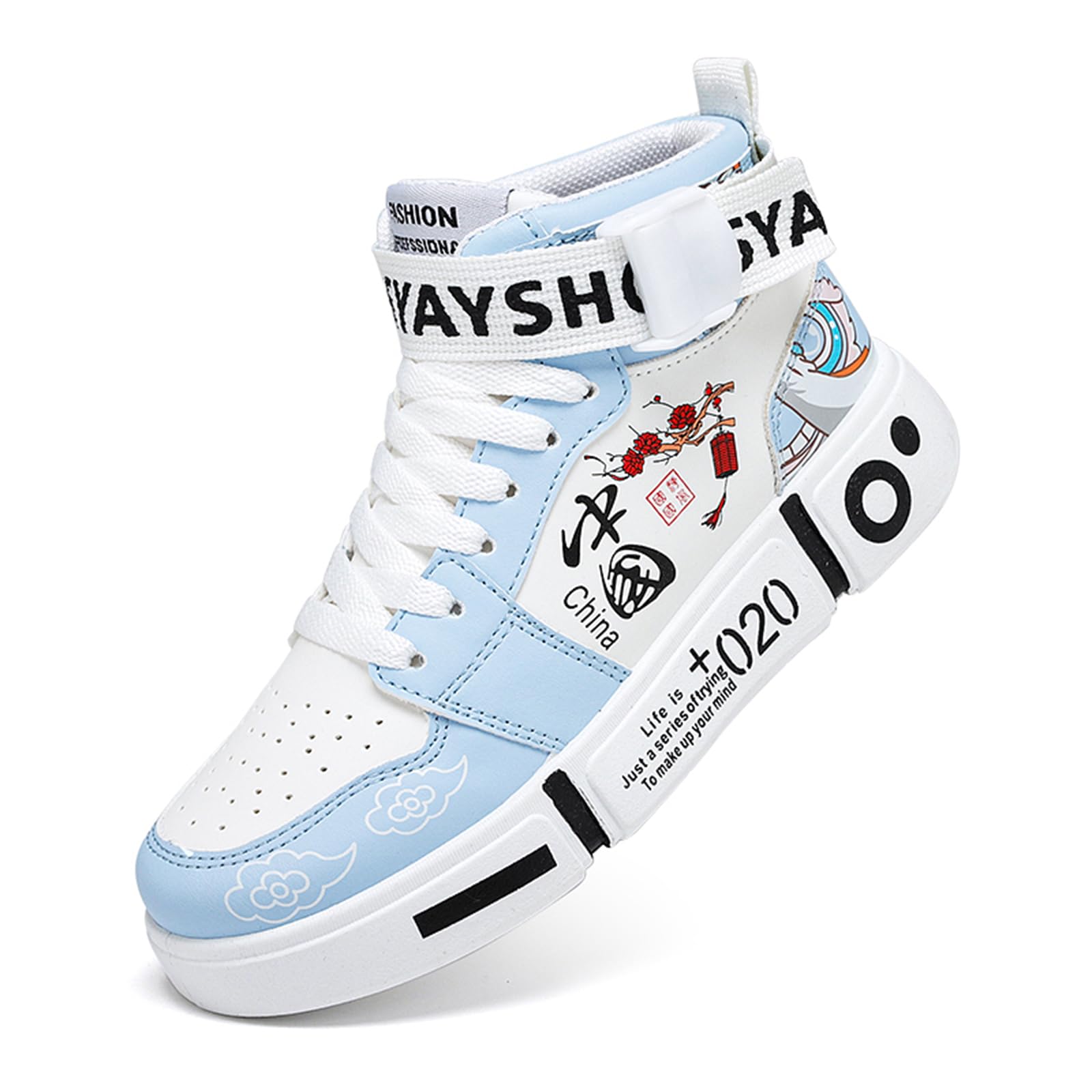 SPWAGYM Men's Fashion Sneakers High Top Skate Shoes Stylish Street Sneakers Casual Walking Shoes 42 EU White/Light Blue-7